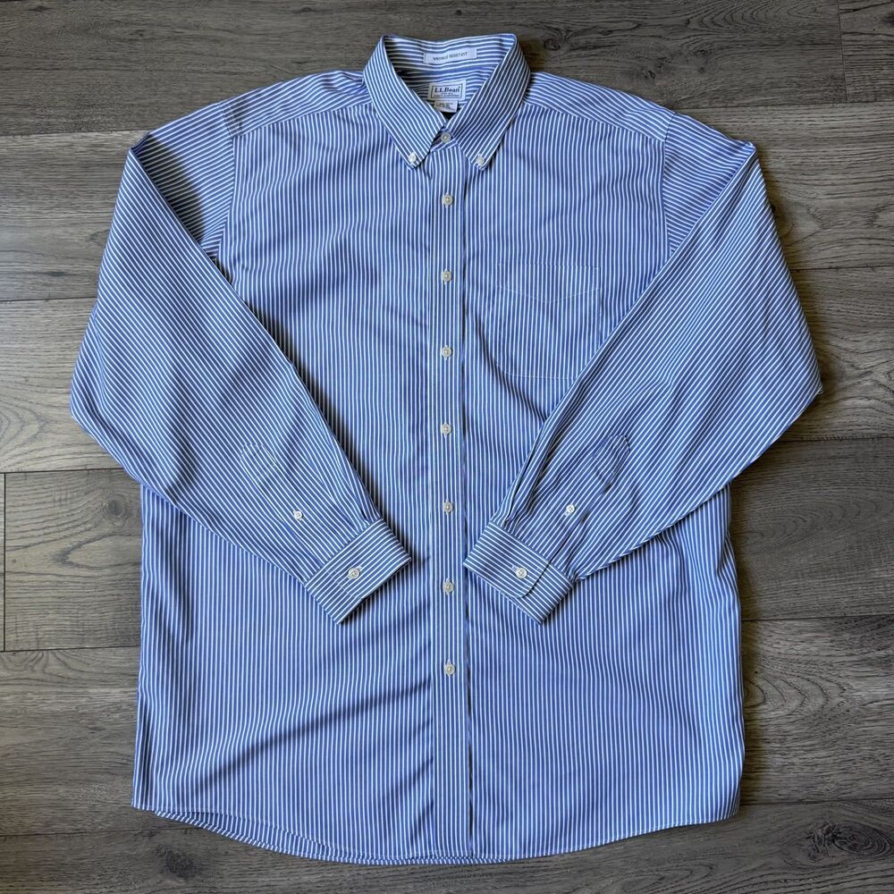 L.L. Bean Wrinkle-Free Blue & White Striped Dress Shirt -‎ Size XL Tall / 17-36